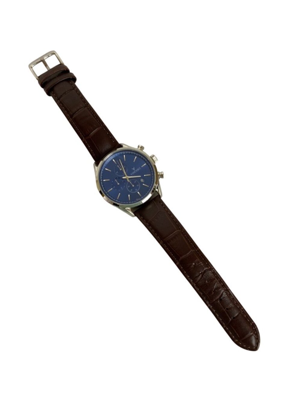 Vincero Collective Mens Chronograph Wrist Watch Blue Dial Brown Leather Strap